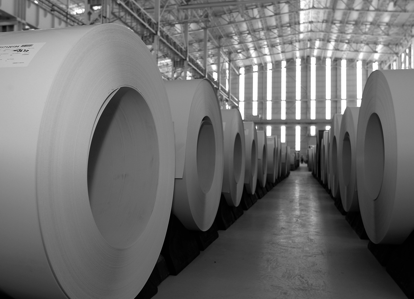 Pre-painted flat steel coils in storage